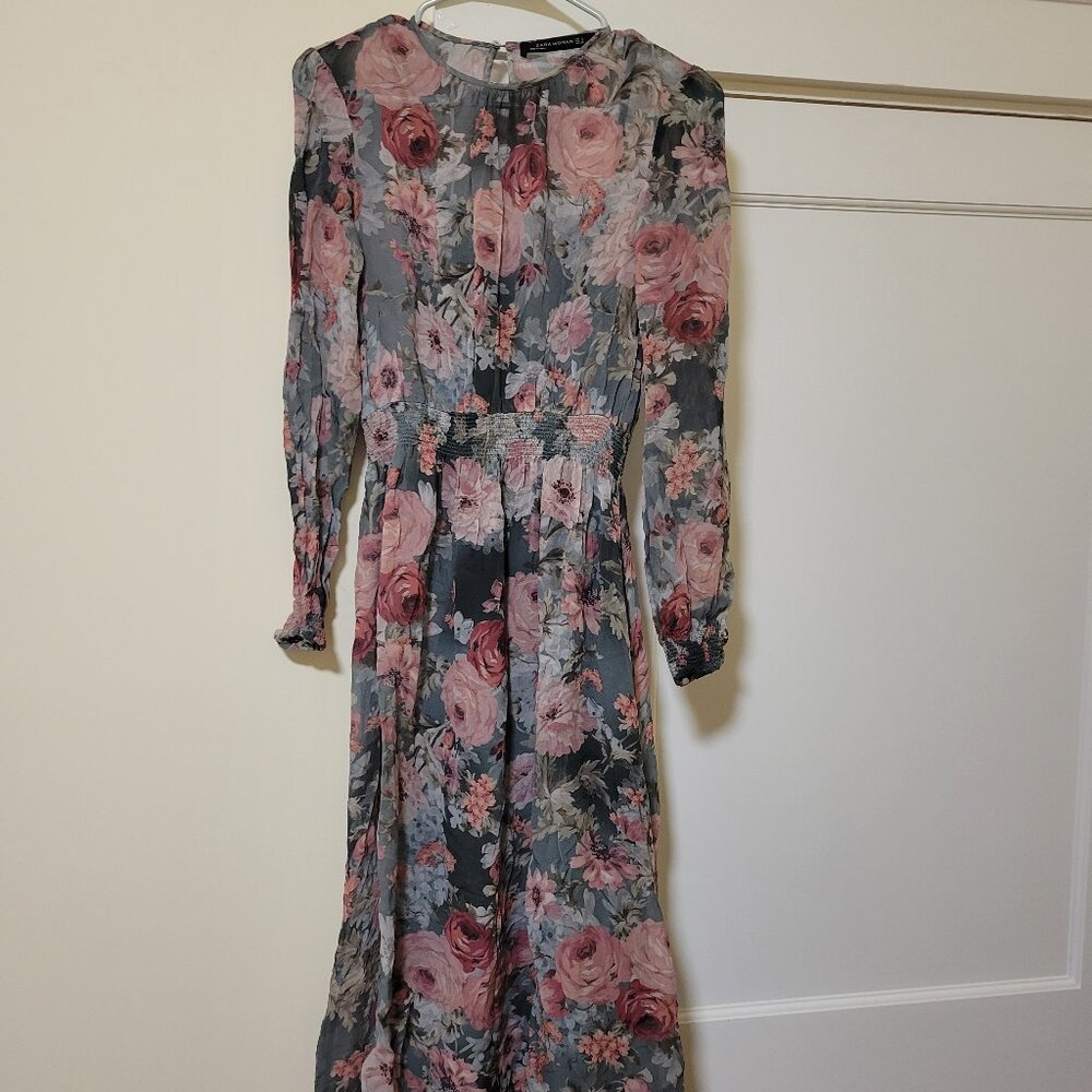 ZARA Floral Printed Midi Long Sleeve Dress